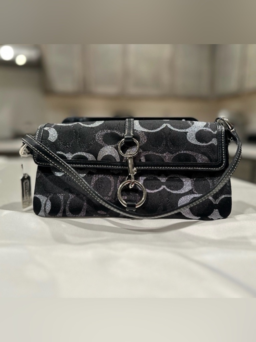 Coach Hampton Signature C Black, Silver and Gray Flap Shoulder Bag Y2K
